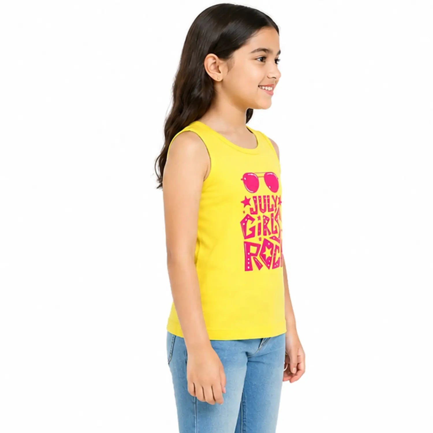 Yellow Jolly Girls Rock Graphic Sleeveless Top for Girls – Soft Cotton Summer Wear Kids Tank Top BloomUp