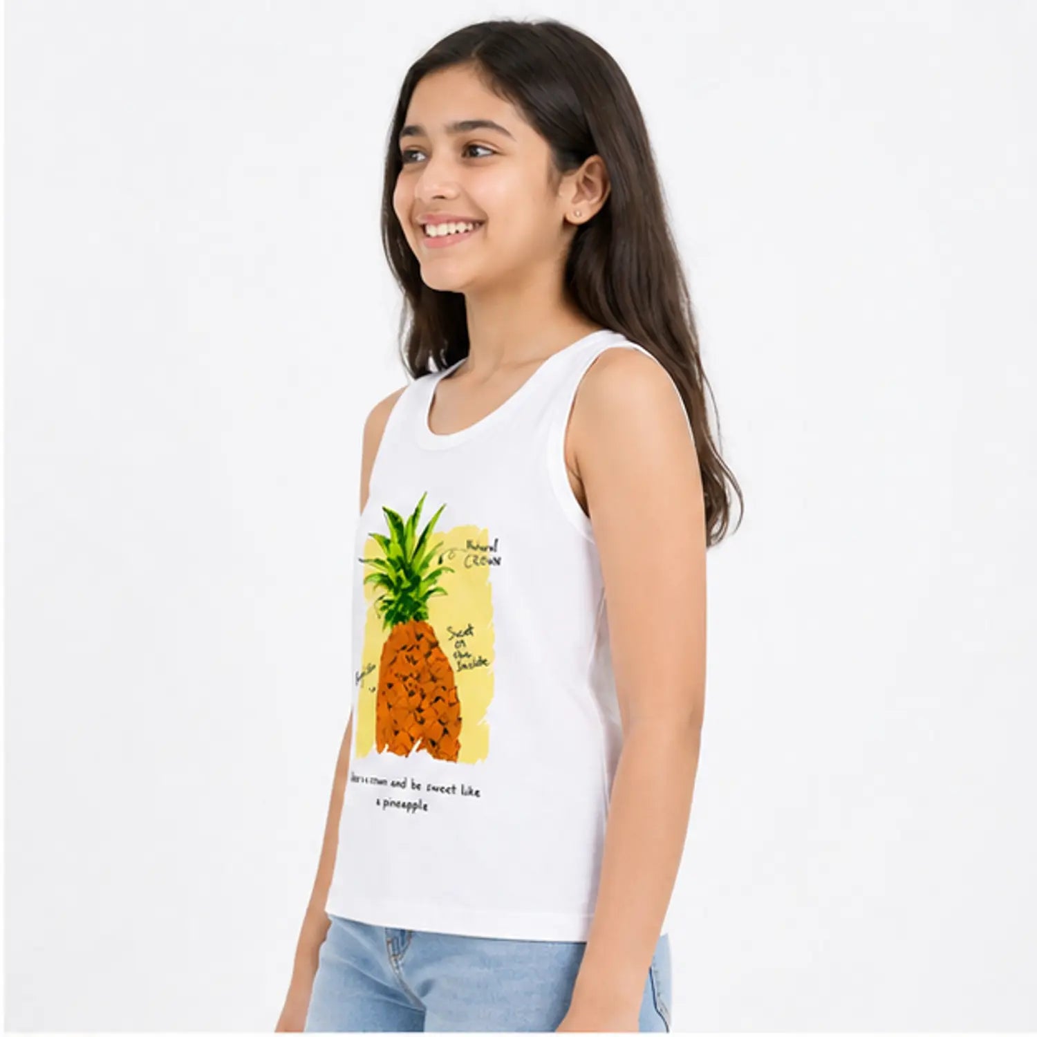 White Pineapple Graphic Sleeveless Top for Girls – Soft Cotton Summer Wear Kids Tank Top BloomUp